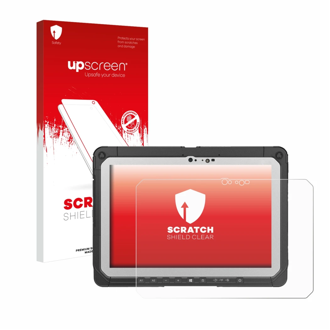 Vorderseite einer Produktverpackung mit dem Markenlogo upscreen. Daneben ist das Gerät Panasonic Toughbook CF-20 MK2 mit dem z