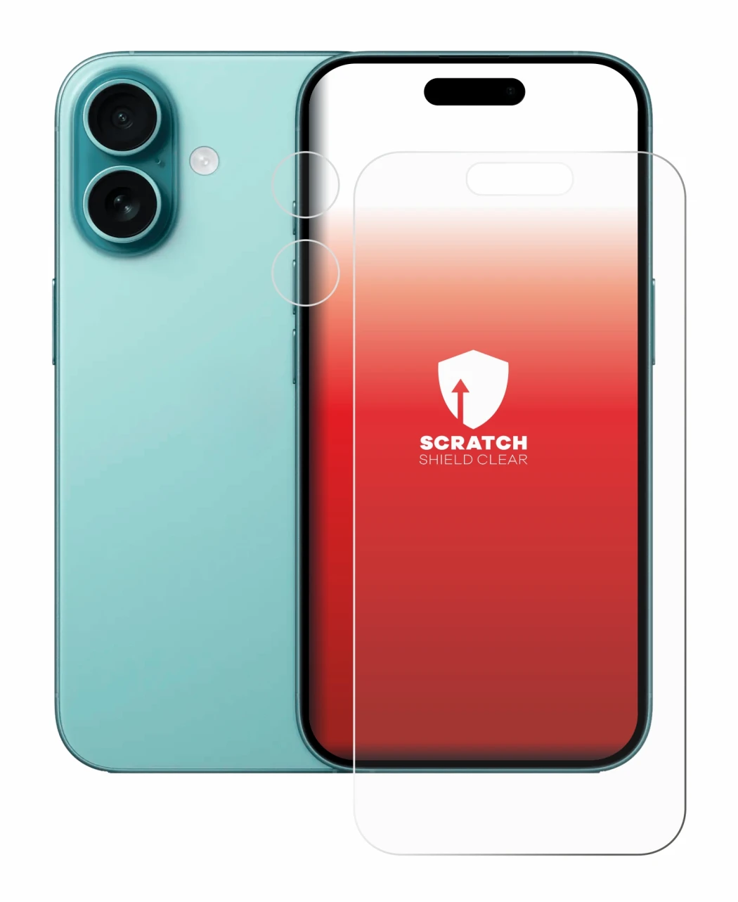 Abbildung des Geräts Apple iPhone 16 (Display+Kamera) mit einer Vielzahl des Displayschutzes.