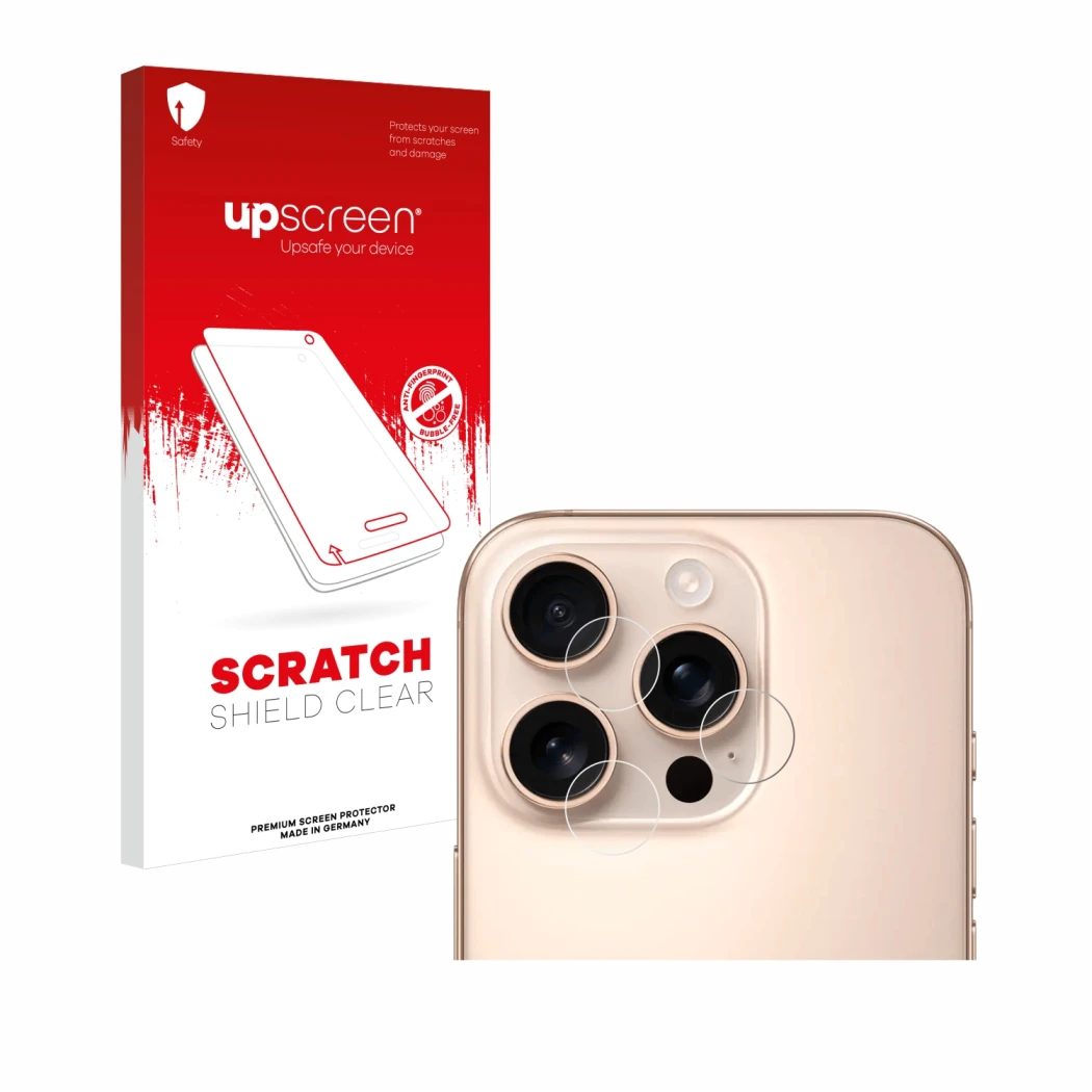 Vorderseite einer Produktverpackung mit dem Markenlogo upscreen. Daneben ist das Gerät Apple iPhone 16 Pro (NUR Kameraschutz) 