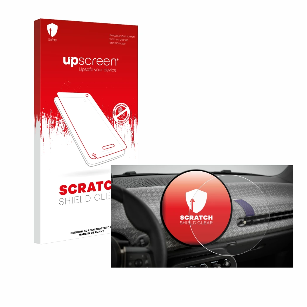 Vorderseite einer Produktverpackung mit dem Markenlogo upscreen. Daneben ist das Gerät Mini Cooper Electric BJ 2024 mit dem zu