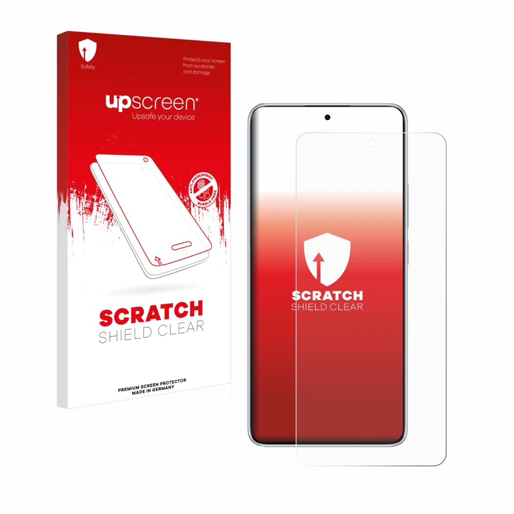 Vorderseite einer Produktverpackung mit dem Markenlogo upscreen. Daneben ist das Gerät Xiaomi Redmi Note 14 mit dem zugehörige