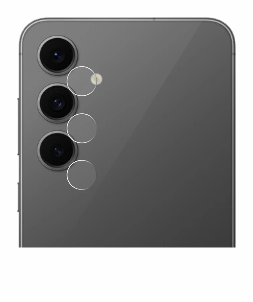 Abbildung des Geräts Samsung Galaxy S24 FE (NUR Kameraschutz) mit einer Vielzahl des Displayschutzes.