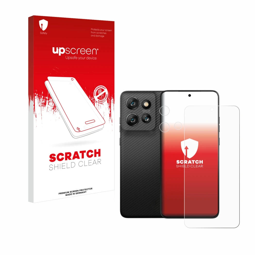 Vorderseite einer Produktverpackung mit dem Markenlogo upscreen. Daneben ist das Gerät Motorola ThinkPhone 25 (Display+Kamera)