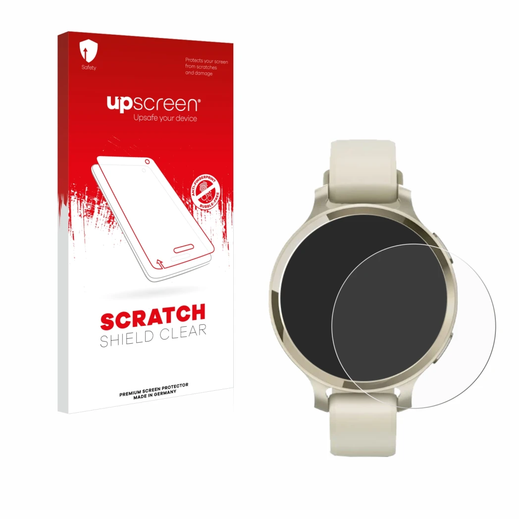 Vorderseite einer Produktverpackung mit dem Markenlogo upscreen. Daneben ist das Gerät Garmin Lily 2 Active mit dem zugehörige