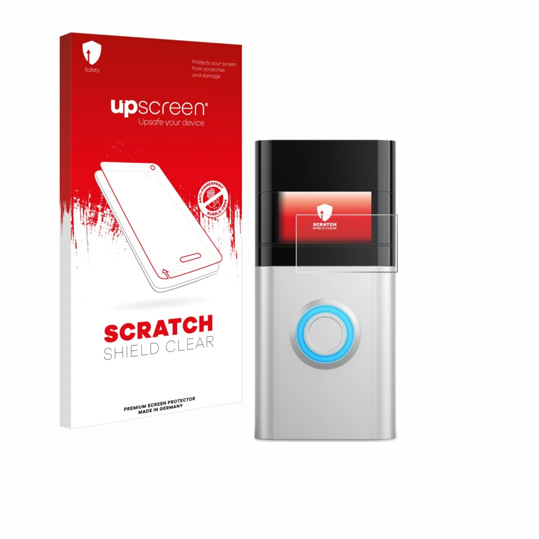 Vorderseite einer Produktverpackung mit dem Markenlogo upscreen. Daneben ist das Gerät Ring Video Doorbell 3 Plus mit dem zuge