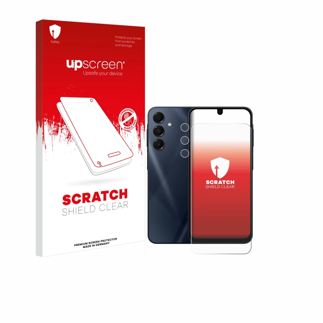 Vorderseite einer Produktverpackung mit dem Markenlogo upscreen. Daneben ist das Gerät Samsung Galaxy A16 5G (Display+Kamera) 