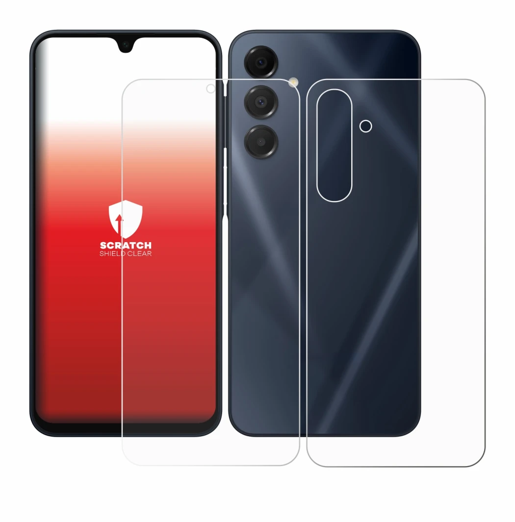 Abbildung des Geräts Samsung Galaxy A16 5G (Display+Rückseite) mit einer Vielzahl des Displayschutzes.