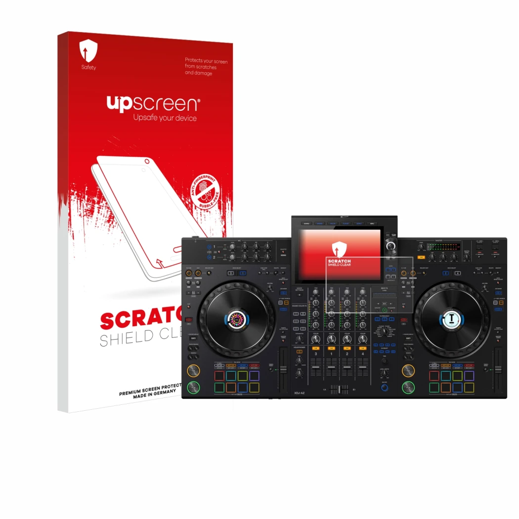 Vorderseite einer Produktverpackung mit dem Markenlogo upscreen. Daneben ist das Gerät AlphaTheta XDJ-AZ mit dem zugehörigen D