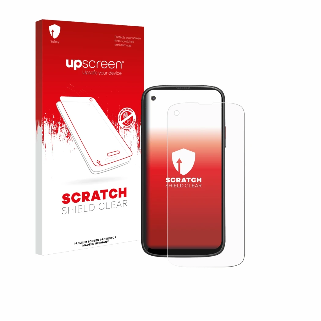 Vorderseite einer Produktverpackung mit dem Markenlogo upscreen. Daneben ist das Gerät Unihertz Jelly Max mit dem zugehörigen 