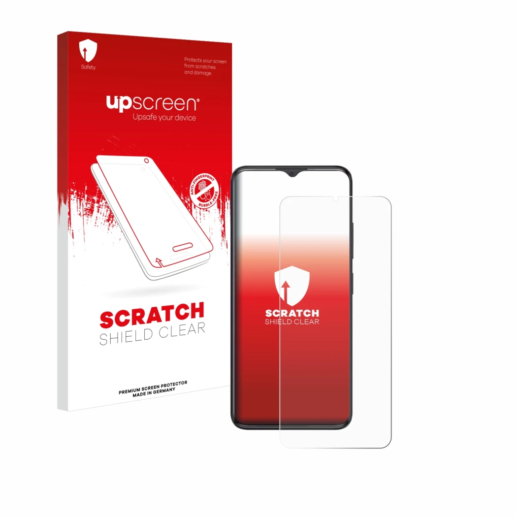 Vorderseite einer Produktverpackung mit dem Markenlogo upscreen. Daneben ist das Gerät ZTE Blade A34 mit dem zugehörigen Displ