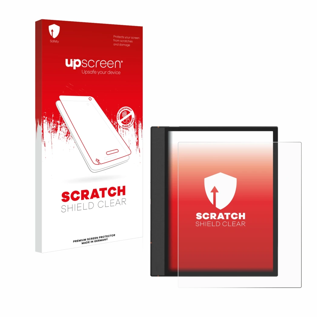 Vorderseite einer Produktverpackung mit dem Markenlogo upscreen. Daneben ist das Gerät Boox Note Air 4 C mit dem zugehörigen D