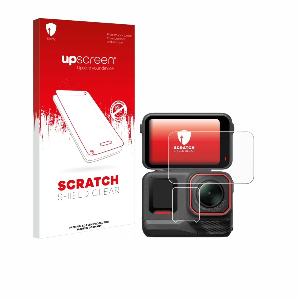 Vorderseite einer Produktverpackung mit dem Markenlogo upscreen. Daneben ist das Gerät Insta360 Ace Pro 2 mit dem zugehörigen 