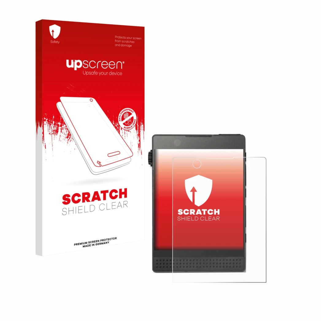Vorderseite einer Produktverpackung mit dem Markenlogo upscreen. Daneben ist das Gerät Light Phone 3 mit dem zugehörigen Displ