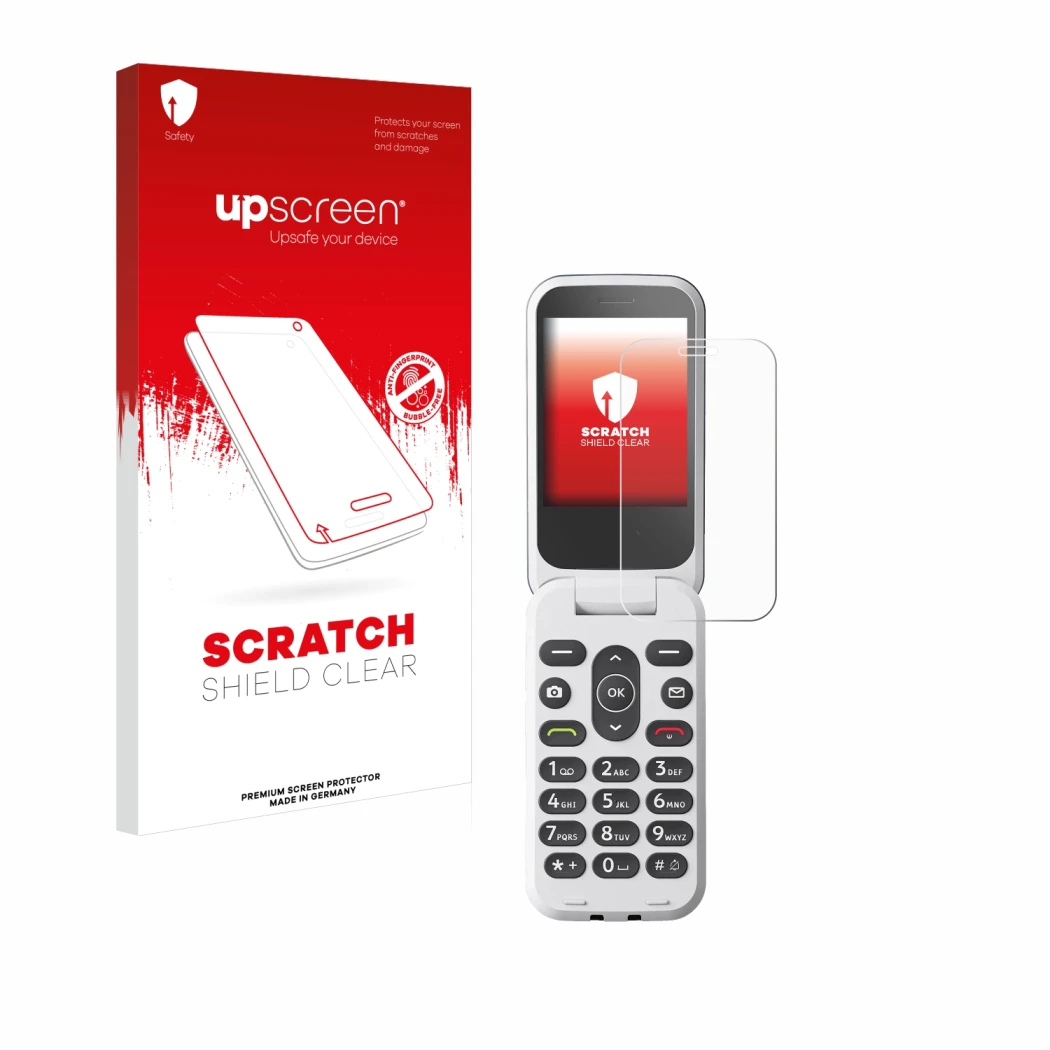Vorderseite einer Produktverpackung mit dem Markenlogo upscreen. Daneben ist das Gerät Doro 2820 mit dem zugehörigen Displaysc