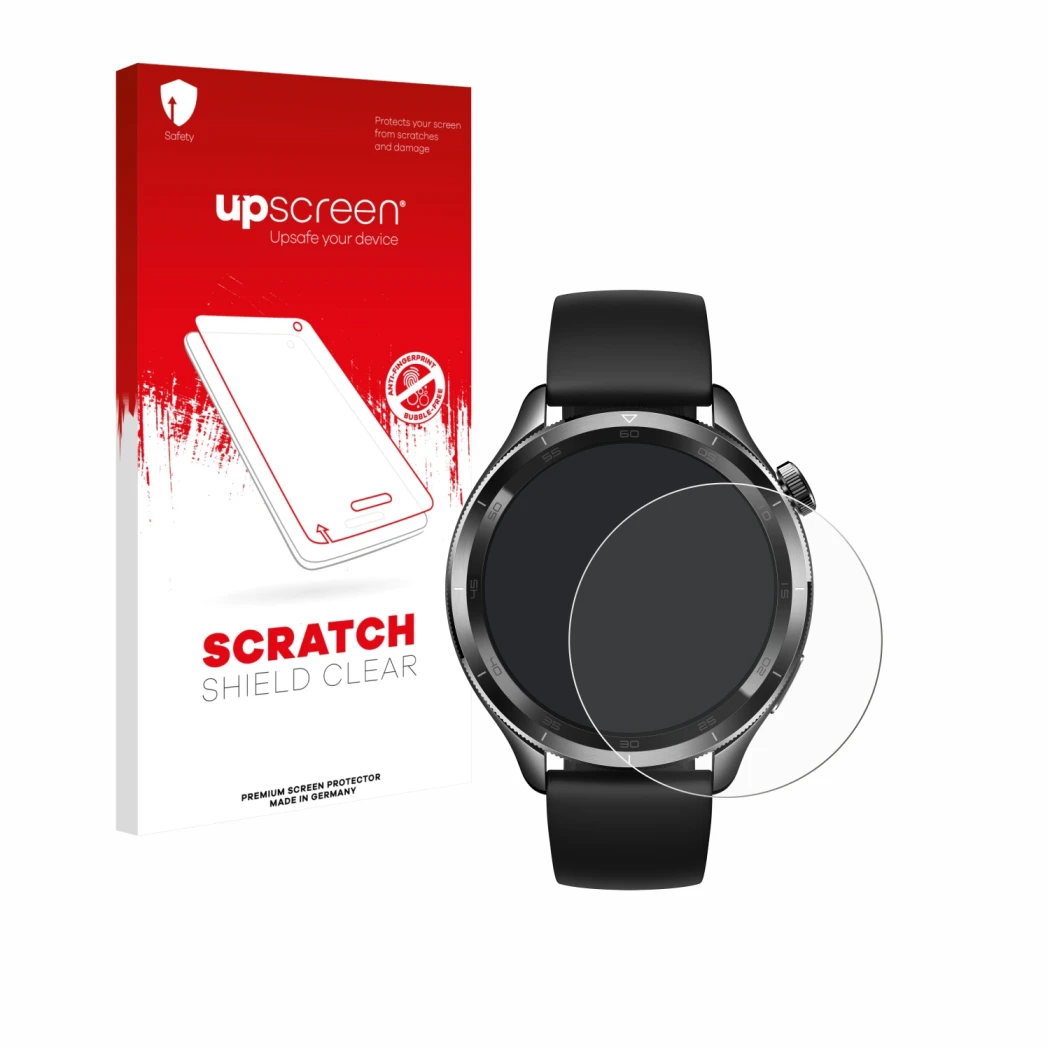 Vorderseite einer Produktverpackung mit dem Markenlogo upscreen. Daneben ist das Gerät Xiaomi Watch S4 (47 mm) mit dem zugehör