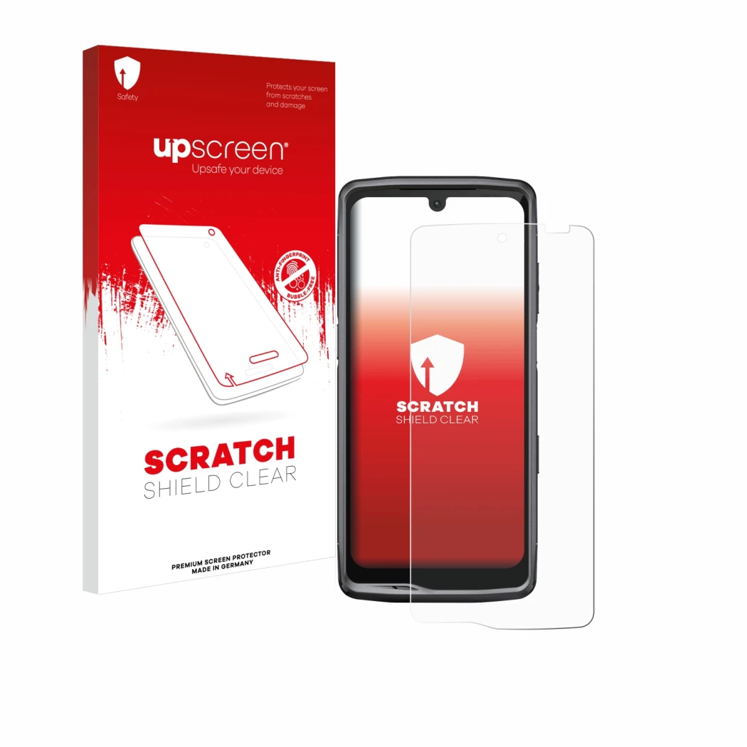 Vorderseite einer Produktverpackung mit dem Markenlogo upscreen. Daneben ist das Gerät Crosscall Stellar M6 mit dem zugehörige