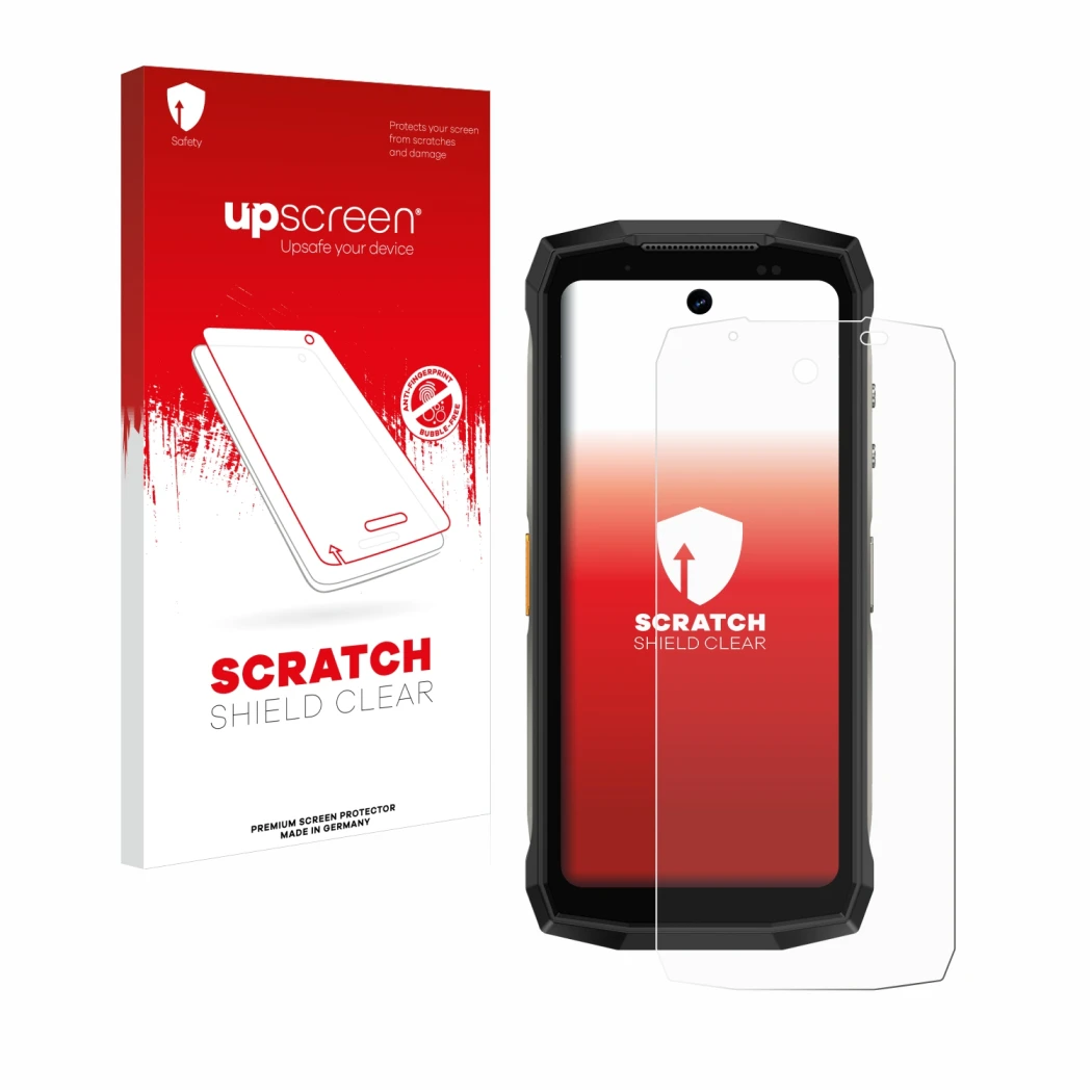 Vorderseite einer Produktverpackung mit dem Markenlogo upscreen. Daneben ist das Gerät Ulefone Armor Mini 20 Pro mit dem zugeh