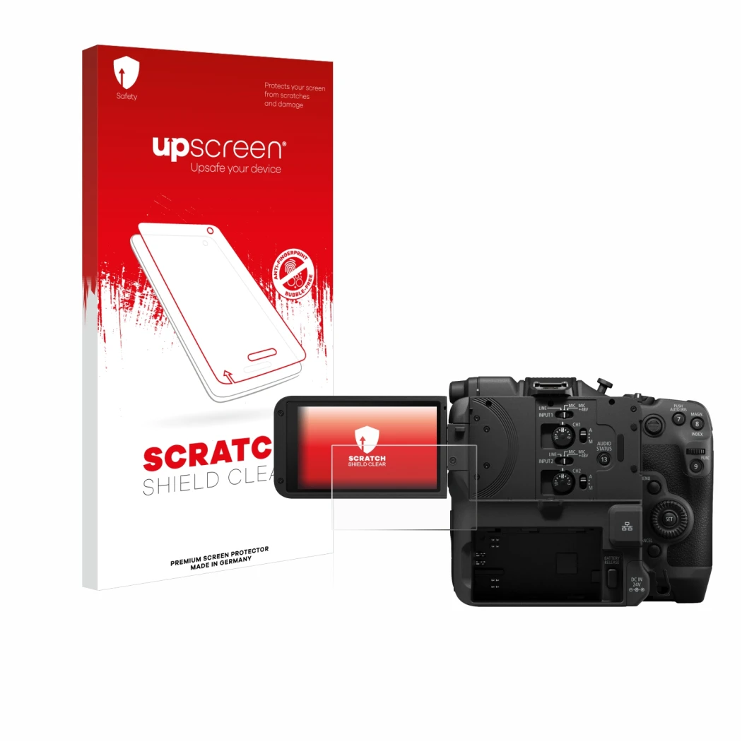 Vorderseite einer Produktverpackung mit dem Markenlogo upscreen. Daneben ist das Gerät Canon EOS C400 mit dem zugehörigen Disp