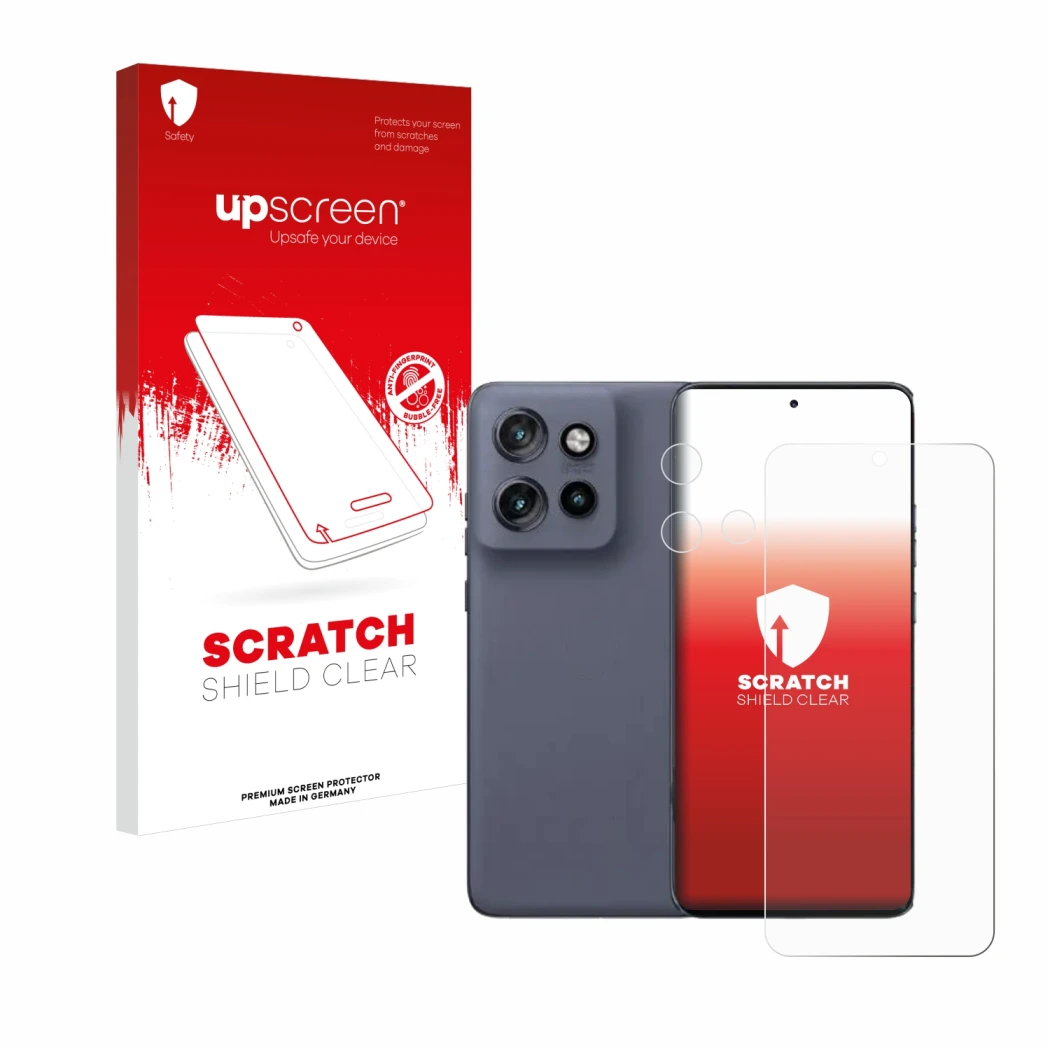 Vorderseite einer Produktverpackung mit dem Markenlogo upscreen. Daneben ist das Gerät Motorola Edge 50 Neo (Display+Kamera) m