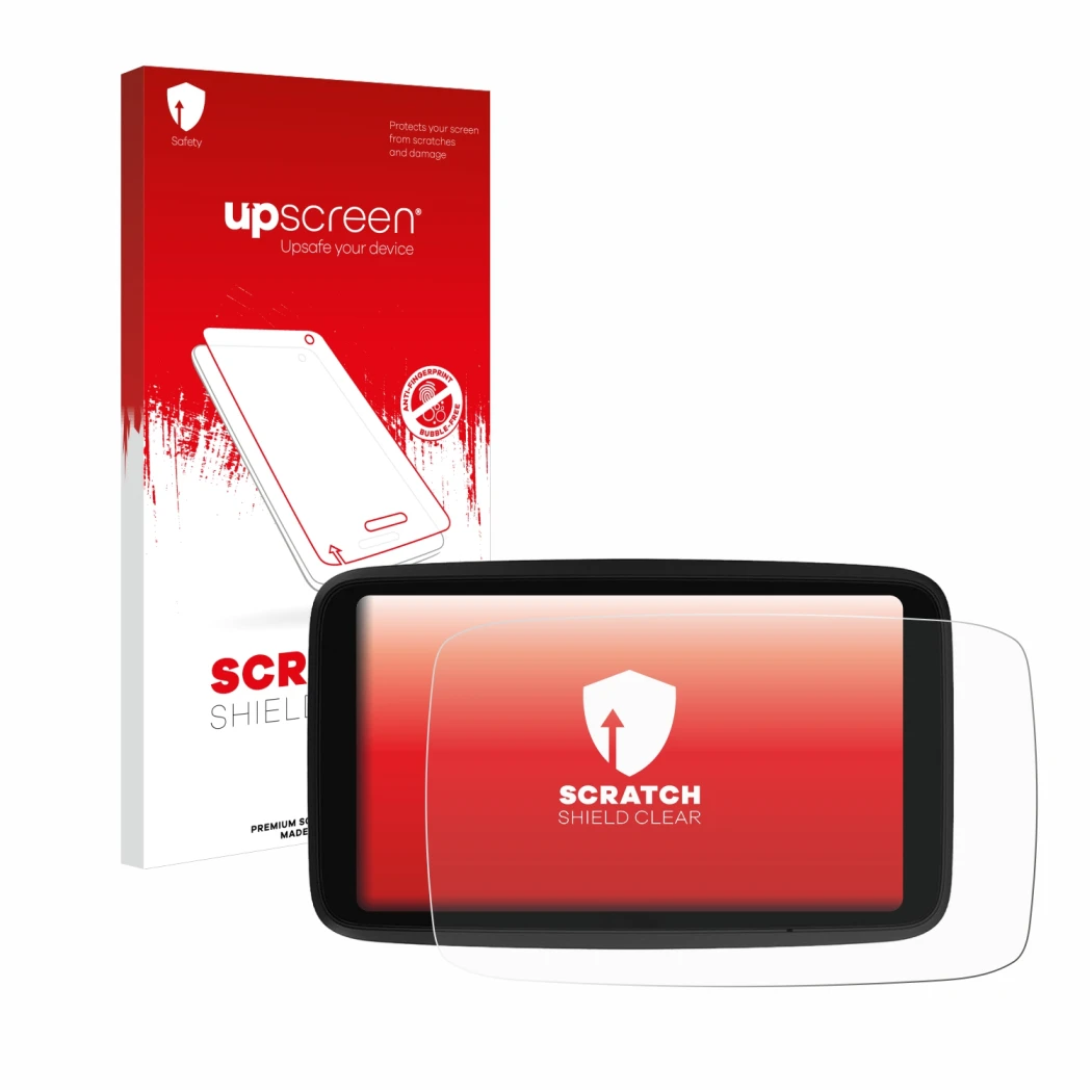 Vorderseite einer Produktverpackung mit dem Markenlogo upscreen. Daneben ist das Gerät TomTom GO Advanced mit dem zugehörigen 