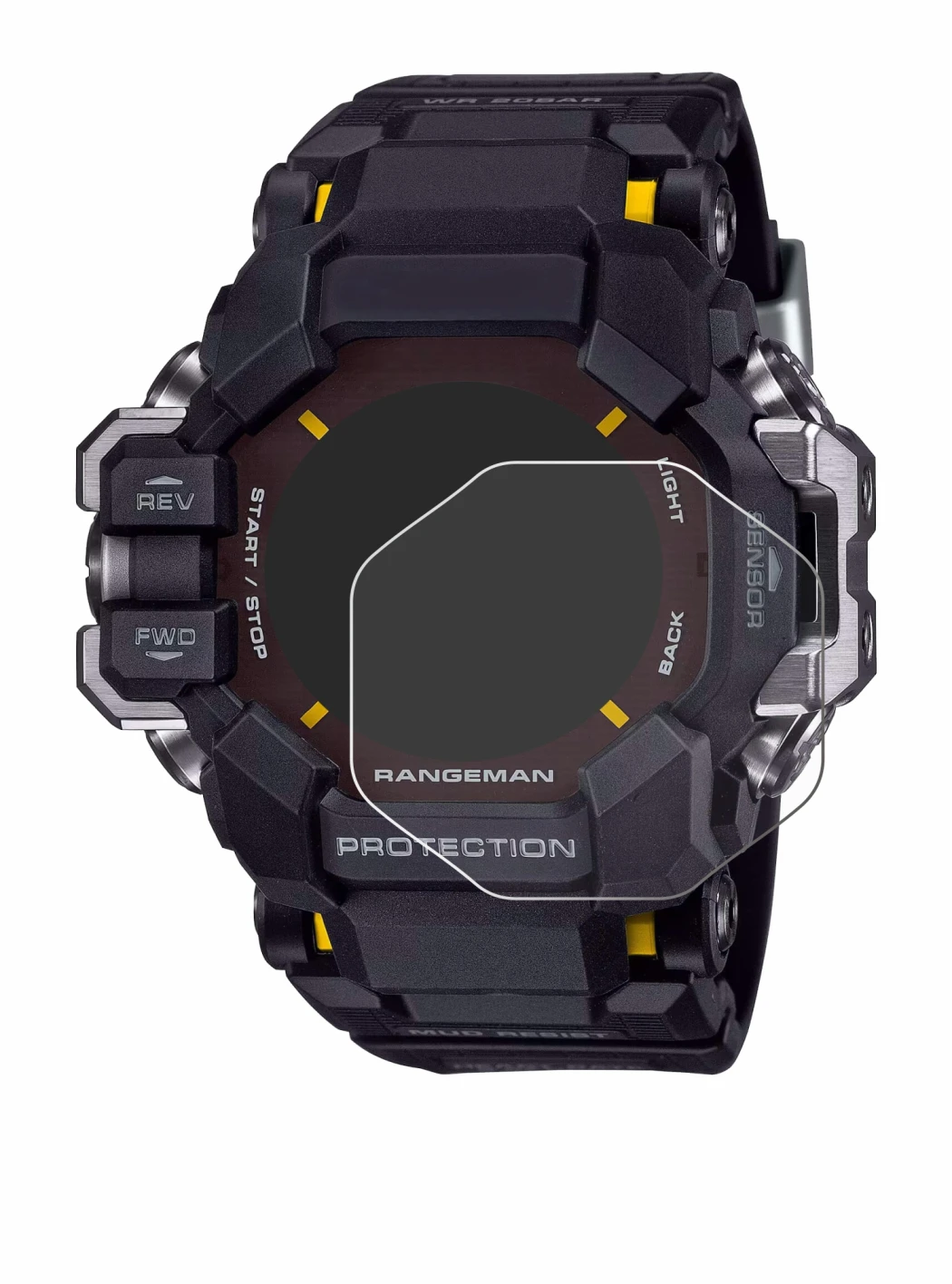 Abbildung des Geräts Casio G-Shock GPR-H 1000 mit einer Vielzahl des Displayschutzes.