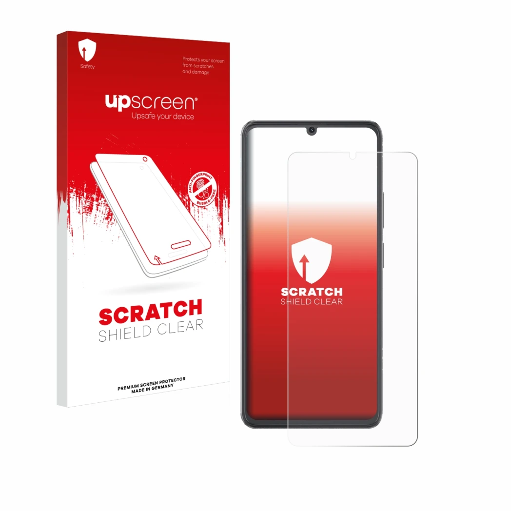 Vorderseite einer Produktverpackung mit dem Markenlogo upscreen. Daneben ist das Gerät Cubot A20 mit dem zugehörigen Displaysc