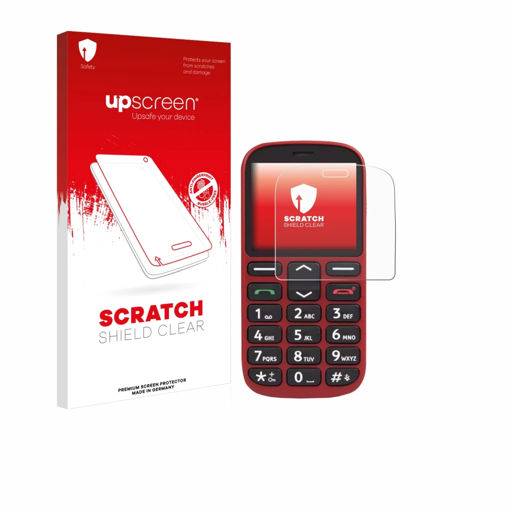Vorderseite einer Produktverpackung mit dem Markenlogo upscreen. Daneben ist das Gerät Doro 1360 mit dem zugehörigen Displaysc