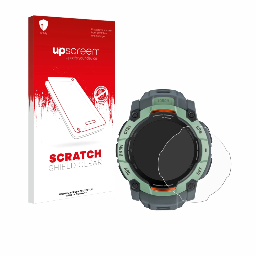 Vorderseite einer Produktverpackung mit dem Markenlogo upscreen. Daneben ist das Gerät Garmin Instinct 3 AMOLED (50 mm) mit de