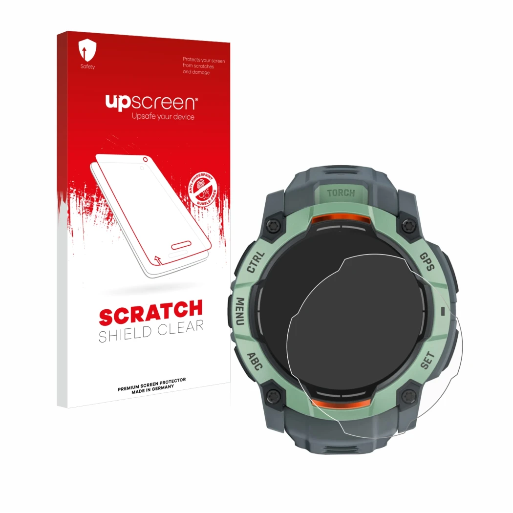Vorderseite einer Produktverpackung mit dem Markenlogo upscreen. Daneben ist das Gerät Garmin Instinct 3 AMOLED (45 mm) mit de