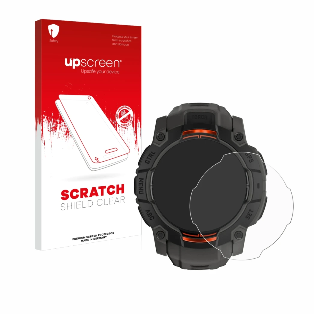 Vorderseite einer Produktverpackung mit dem Markenlogo upscreen. Daneben ist das Gerät Garmin Instinct 3 Solar (45 mm) mit dem