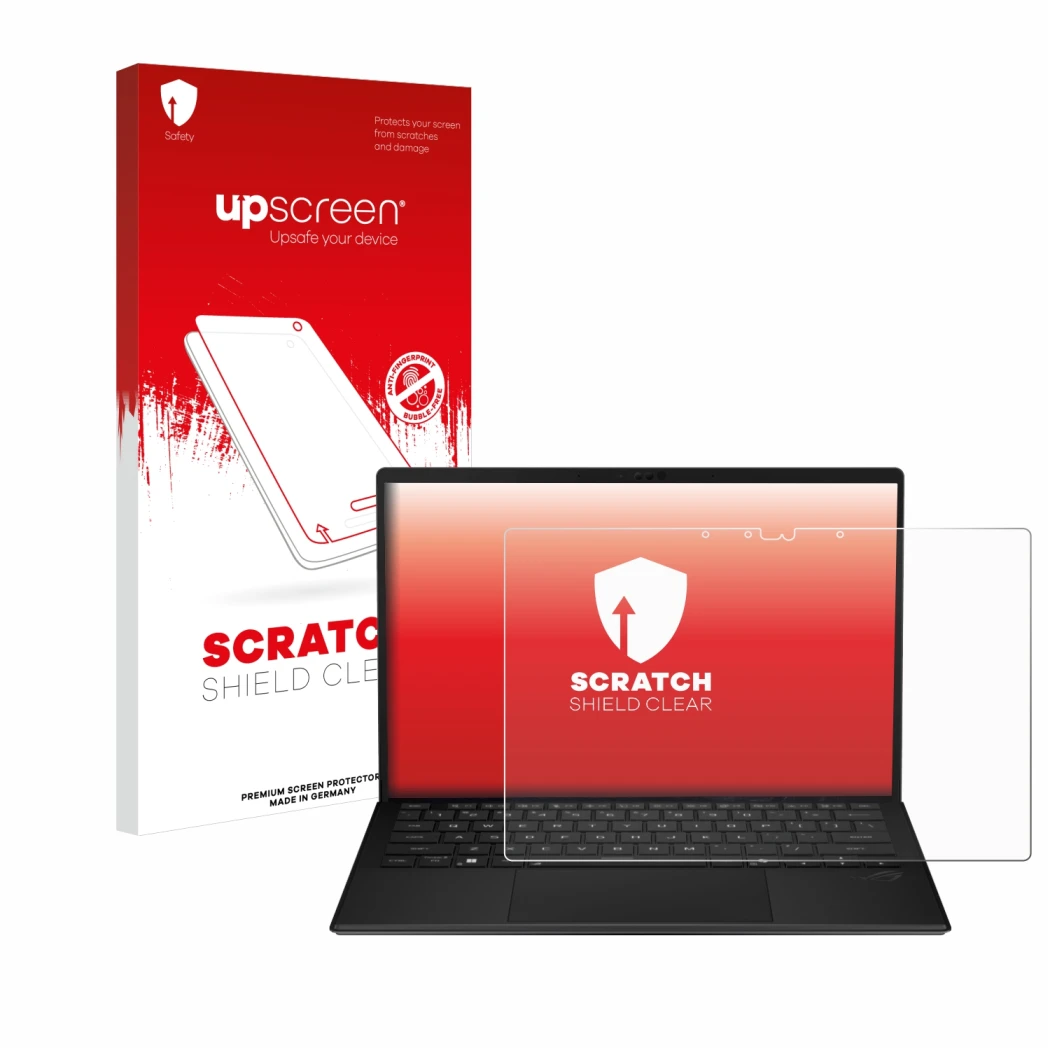 Vorderseite einer Produktverpackung mit dem Markenlogo upscreen. Daneben ist das Gerät ASUS ROG Flow Z13 2025 mit dem zugehöri