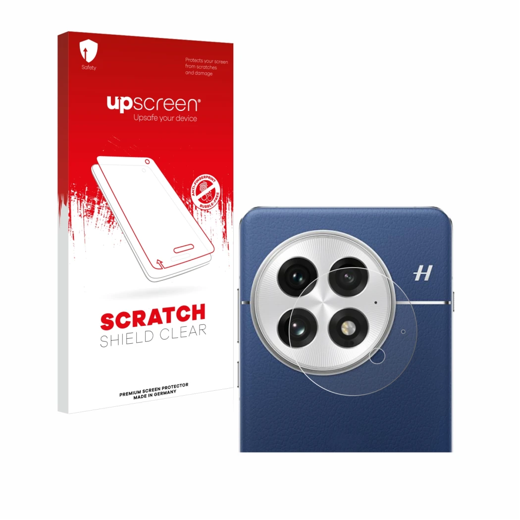 Vorderseite einer Produktverpackung mit dem Markenlogo upscreen. Daneben ist das Gerät OnePlus 13 (NUR Kameraschutz) mit dem z