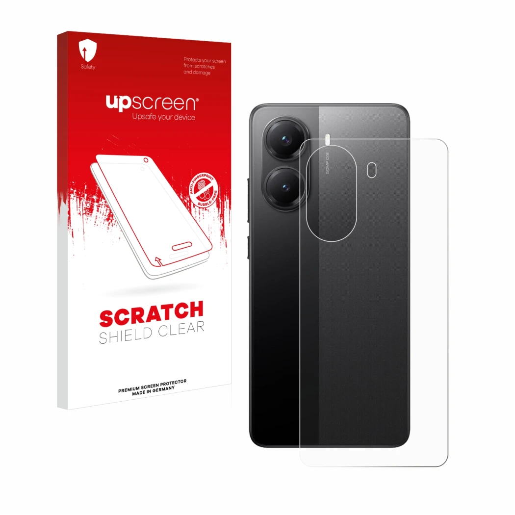 Vorderseite einer Produktverpackung mit dem Markenlogo upscreen. Daneben ist das Gerät Xiaomi Poco X7 Pro (Rückseite) mit dem 