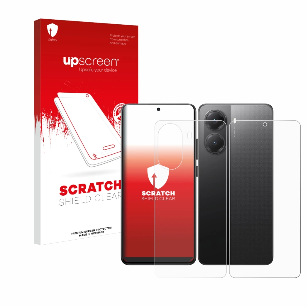 Vorderseite einer Produktverpackung mit dem Markenlogo upscreen. Daneben ist das Gerät Xiaomi Poco X7 Pro (Display+Rückseite)