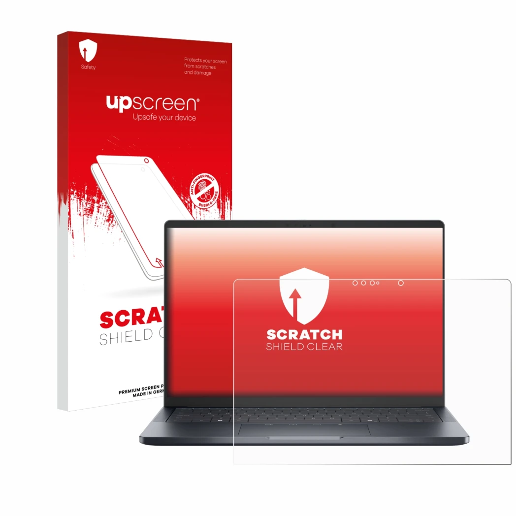 Vorderseite einer Produktverpackung mit dem Markenlogo upscreen. Daneben ist das Gerät Dell Pro 14 Premium PA14250 Touch mit d