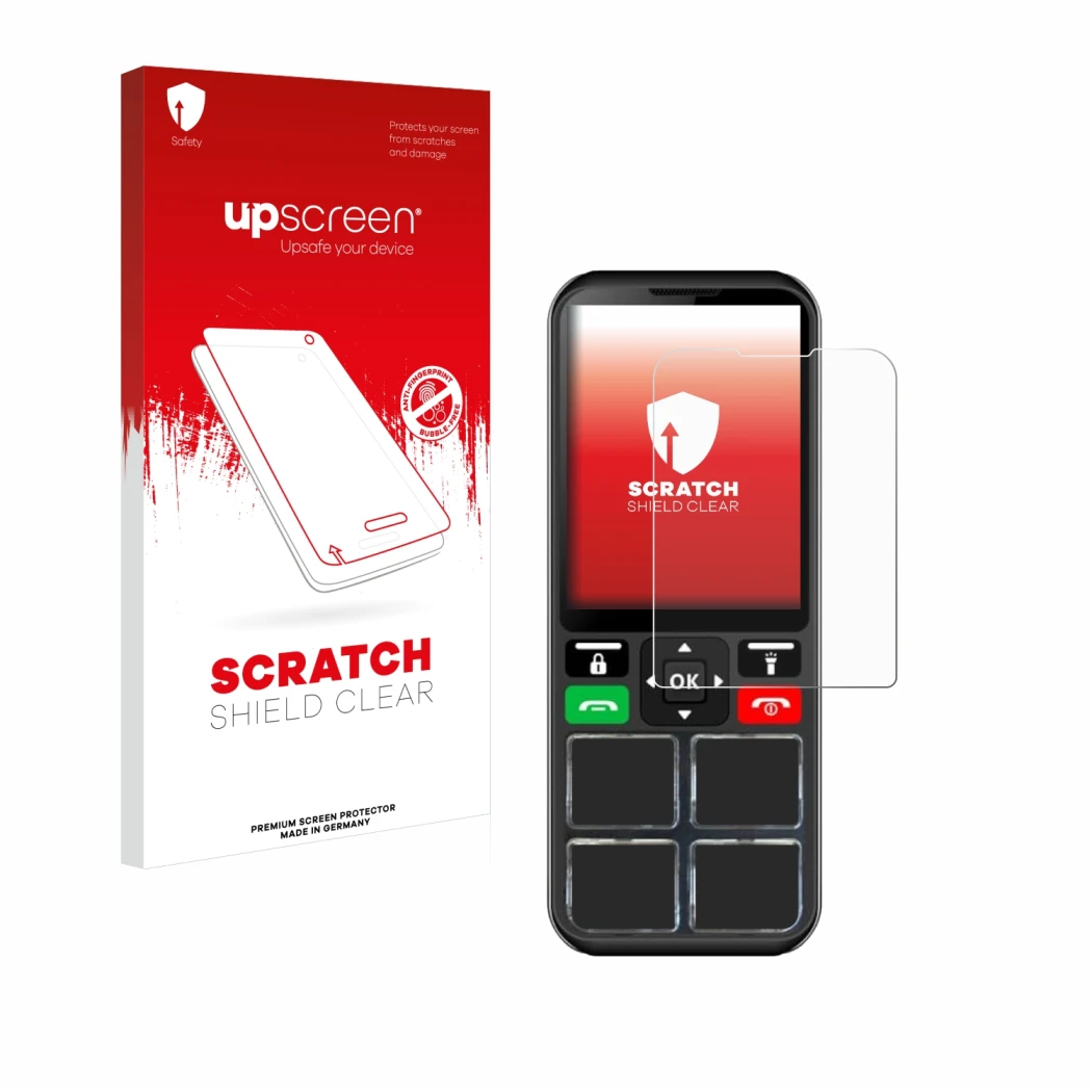 Vorderseite einer Produktverpackung mit dem Markenlogo upscreen. Daneben ist das Gerät Geemarc CL8000 mit dem zugehörigen Disp