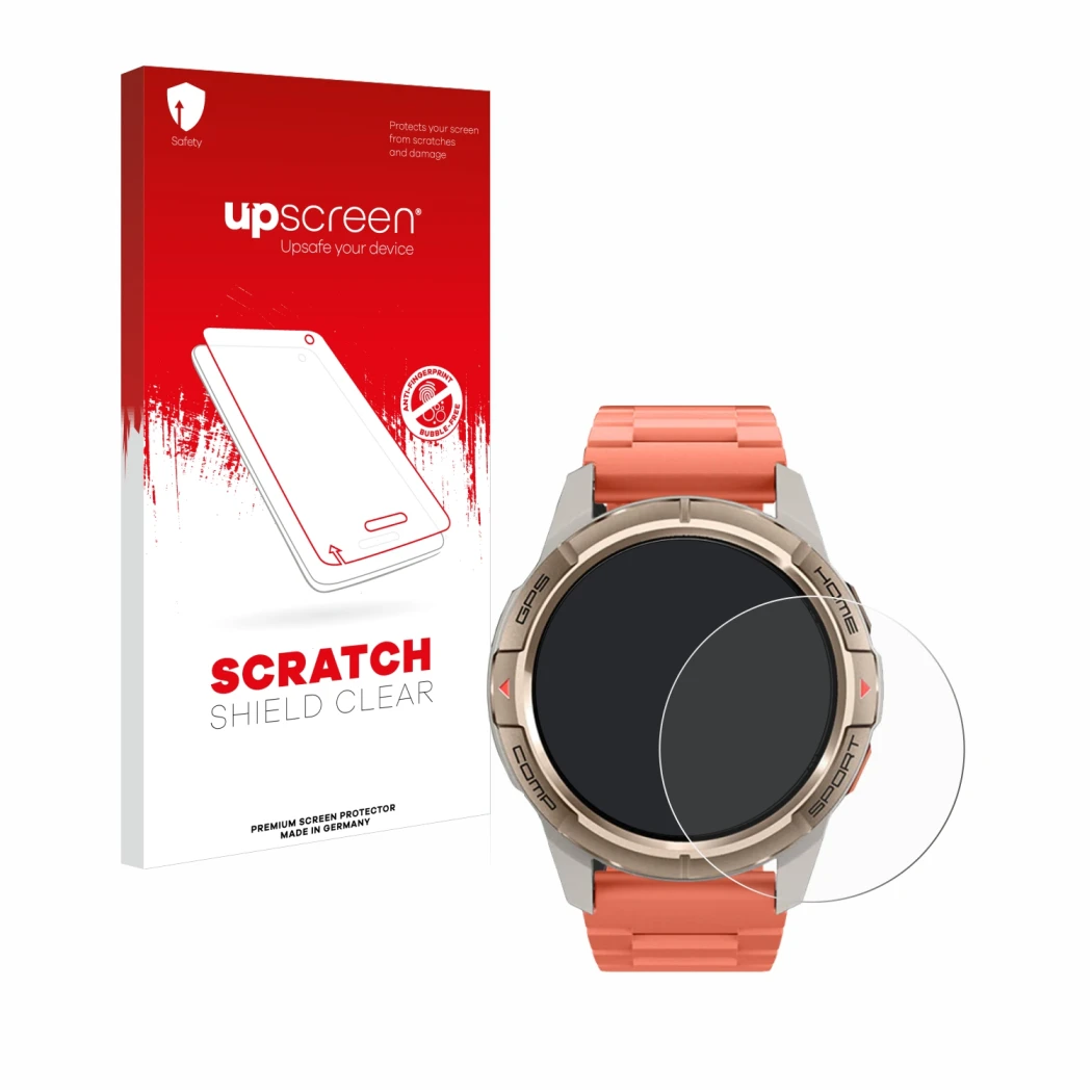 Vorderseite einer Produktverpackung mit dem Markenlogo upscreen. Daneben ist das Gerät Xiaomi Mibro GS Active mit dem zugehöri