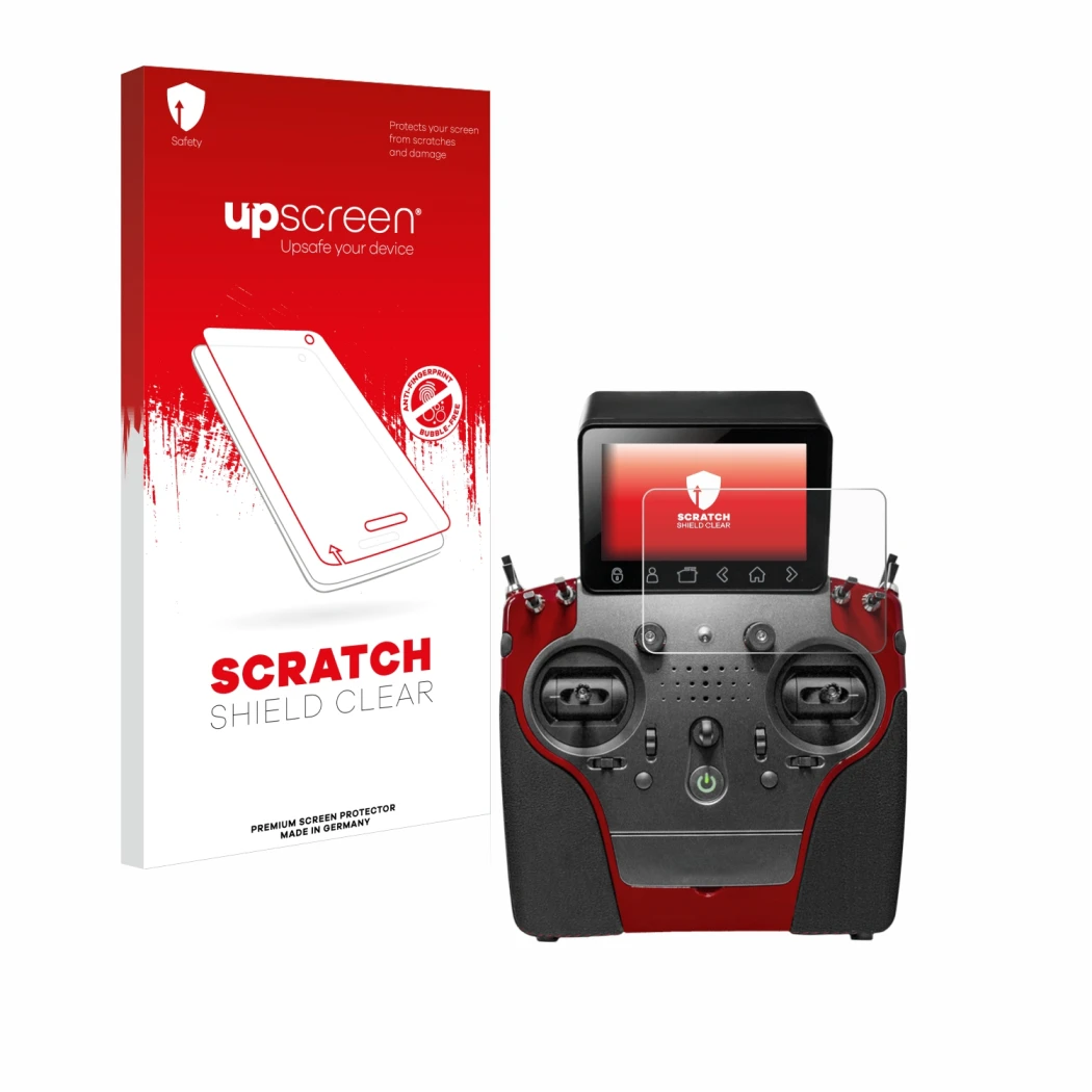 Vorderseite einer Produktverpackung mit dem Markenlogo upscreen. Daneben ist das Gerät PowerBox Systems Atom mit dem zugehörig