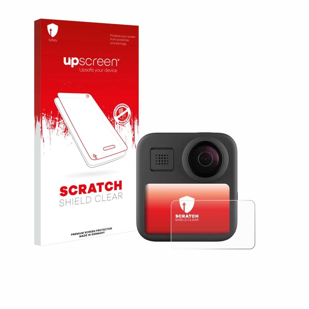 Vorderseite einer Produktverpackung mit dem Markenlogo upscreen. Daneben ist das Gerät GoPro Max (2025) mit dem zugehörigen Di