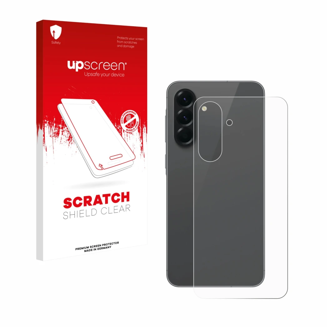 Vorderseite einer Produktverpackung mit dem Markenlogo upscreen. Daneben ist das Gerät Samsung Galaxy A56 5G (Rückseite) mit d
