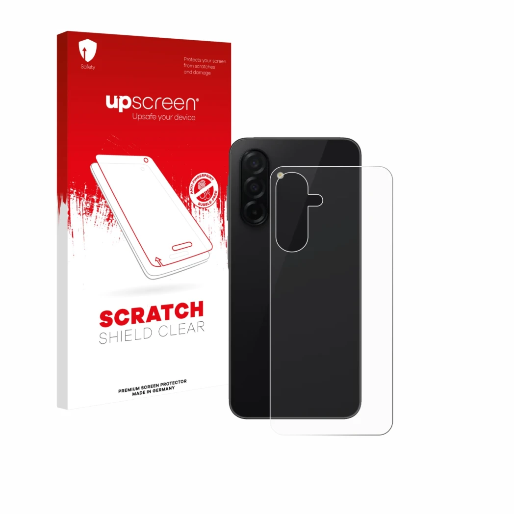 Vorderseite einer Produktverpackung mit dem Markenlogo upscreen. Daneben ist das Gerät Samsung Galaxy A26 5G (Rückseite) mit d