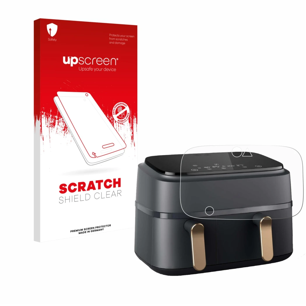 Vorderseite einer Produktverpackung mit dem Markenlogo upscreen. Daneben ist das Gerät Philips Airfryer NA352/00 mit dem zugeh