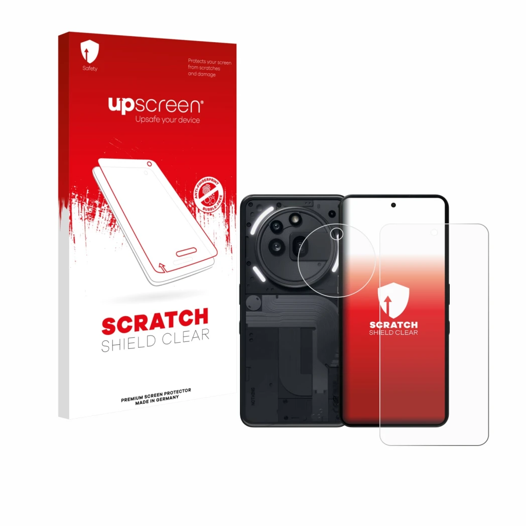 Vorderseite einer Produktverpackung mit dem Markenlogo upscreen. Daneben ist das Gerät Nothing Phone (3a) Pro (Display+Kamera)