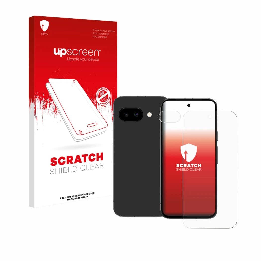 Vorderseite einer Produktverpackung mit dem Markenlogo upscreen. Daneben ist das Gerät Google Pixel 9a (Display+Kamera) mit de