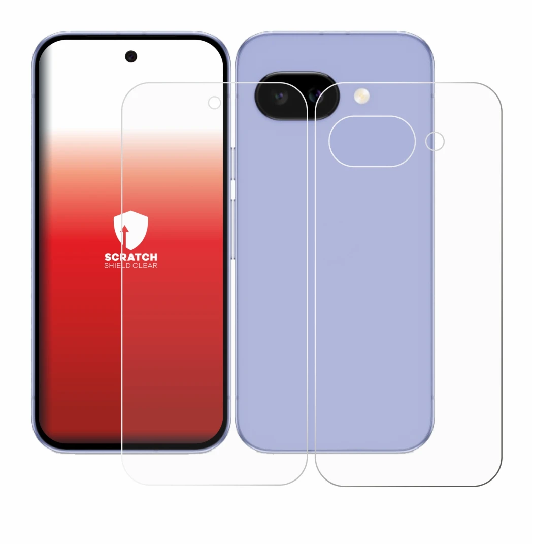 Abbildung des Geräts Google Pixel 9a (Display+Rückseite) mit einer Vielzahl des Displayschutzes.