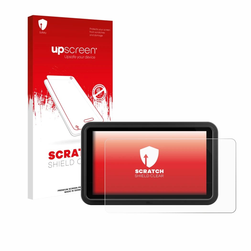 Vorderseite einer Produktverpackung mit dem Markenlogo upscreen. Daneben ist das Gerät Atomos Shinobi Go mit dem zugehörigen D