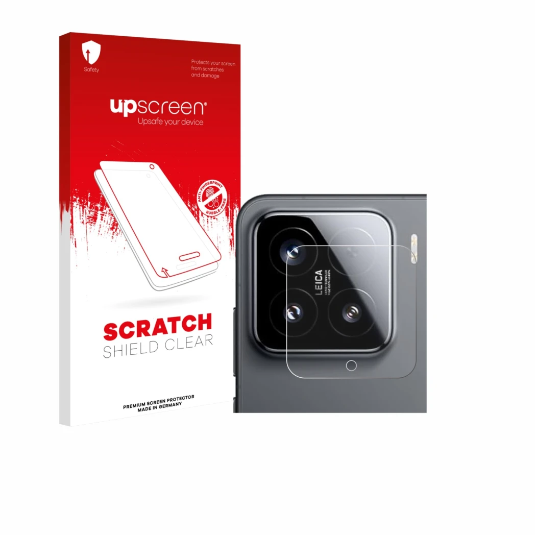 Vorderseite einer Produktverpackung mit dem Markenlogo upscreen. Daneben ist das Gerät Xiaomi 15 (NUR Kameraschutz) mit dem zu