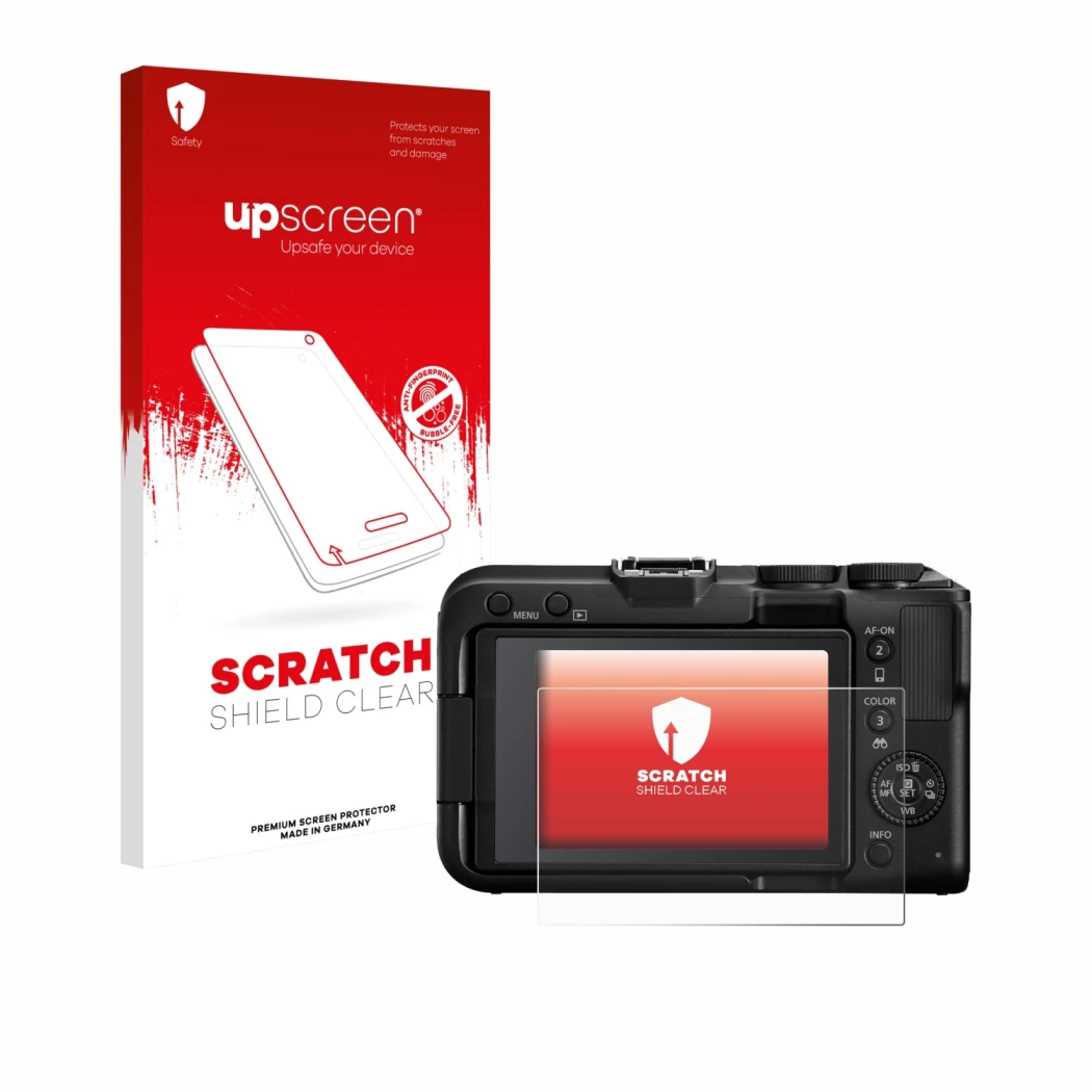 Vorderseite einer Produktverpackung mit dem Markenlogo upscreen. Daneben ist das Gerät Canon EOS R50 V mit dem zugehörigen Dis