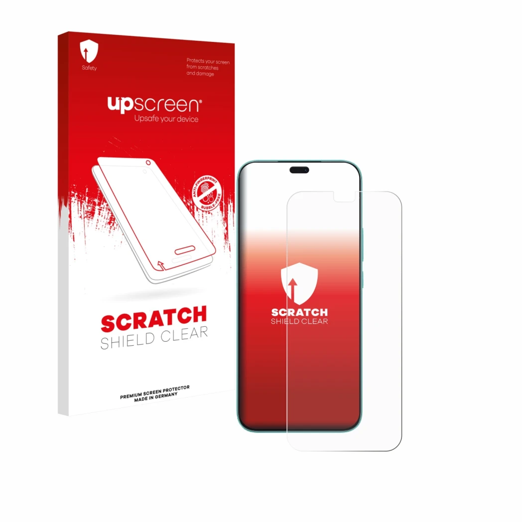 Vorderseite einer Produktverpackung mit dem Markenlogo upscreen. Daneben ist das Gerät Honor 400 Lite mit dem zugehörigen Disp
