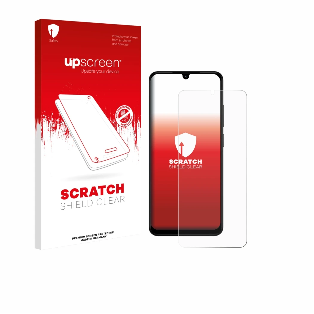 Vorderseite einer Produktverpackung mit dem Markenlogo upscreen. Daneben ist das Gerät Xiaomi Redmi A5 mit dem zugehörigen Dis